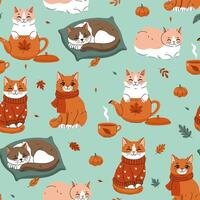 Seamless pattern with cute autumn cats. graphics. vector