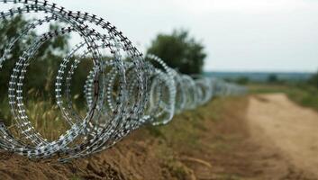 Barbed wire fencing along a dirt path in an open field under a clear sky photo