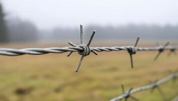 Barbed wire fence along a rural field at dusk with gentle sunlight illuminating the landscape photo