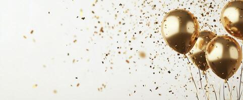 Gold and white balloons filled with confetti floating against a light background for a celebration photo