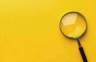 A magnifying glass resting on a bright yellow surface in a well-lit environment photo