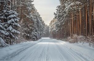 Snow-covered forest road winding through tall trees on a winter morning in a serene landscape photo