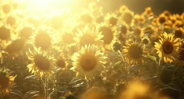 Golden sunflowers blooming in a vast field during sunset near a serene horizon photo