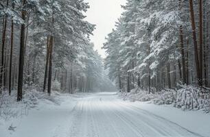 Snow-covered forest road winding through tall trees on a winter morning in a serene landscape photo
