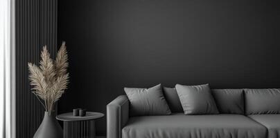 Modern living room with a black wall and stylish gray furniture in a minimalistic design photo
