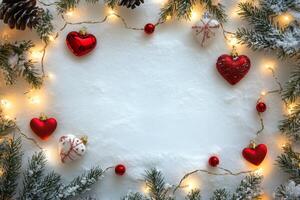 Festive holiday decoration with red hearts, lights, and snow creating a cheerful atmosphere photo