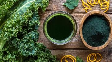 Fresh green smoothie with kale and spices on a rustic wooden table photo
