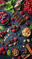A colorful array of fresh berries, nuts, and chocolate arranged artistically on a dark surface photo