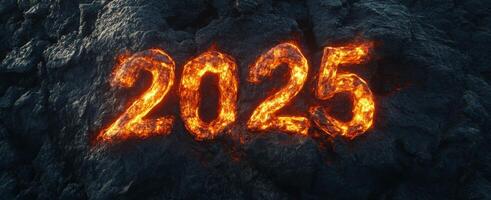 Fiery representation of the year 2025 with molten lava glow against a dark volcanic backdrop photo