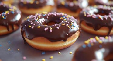 Delicious chocolate glazed donuts sprinkled with chocolate chips on a rustic table photo