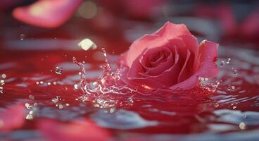 A pink rose surrounded by splashing water drops in a serene, red petal-filled setting photo