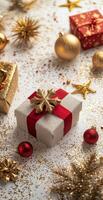 Festive holiday gifts arranged on a cheerful, sparkling background with ornaments and decorations photo