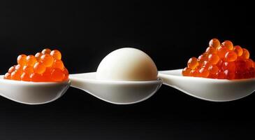 Elegant culinary arrangement of caviar on white spoons with a spherical element photo