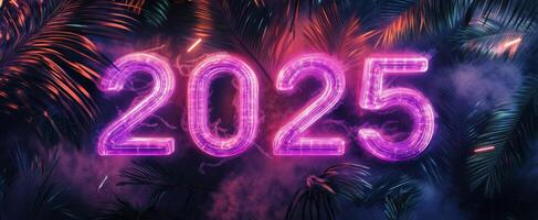 Bright neon 2025 against a dark tropical background with vibrant colors and palm leaves photo