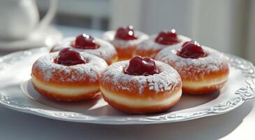 Freshly baked pastries with cherries in a sunlit kitchen setting during the afternoon photo