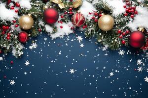 Colorful Christmas ornaments hanging on a snowy evening with sparkling snowflakes falling down photo