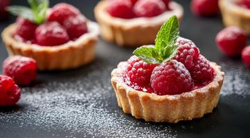 Delicious raspberry tarts with mint on a black surface, perfect for dessert lovers photo