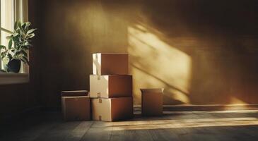 Natural light shines on stacked cardboard boxes in a cozy, minimalist room with warm tones photo