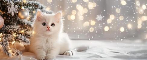 Adorable fluffy white kitten sitting near a festive Christmas tree with twinkling lights photo