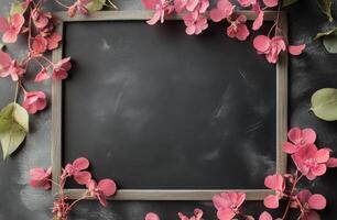 Vibrant pink flowers arranged elegantly around a dark textured surface in springtime photo