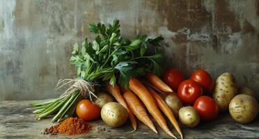 Fresh vegetables and herbs arranged on a rustic wooden table for healthy cooking photo