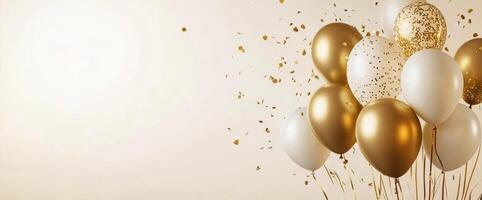 Celebrate with golden and white balloons surrounded by sparkling confetti at a festive event photo