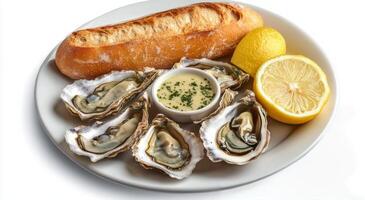 Fresh oysters served with a slice of lemon and a baguette on a white plate in a restaurant setting photo