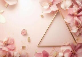 Elegant floral arrangement with golden frame on soft pink background in a modern design setting photo