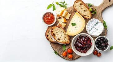 Artfully arranged selection of cheeses, spreads, and bread on a wooden board for a gourmet tasting photo