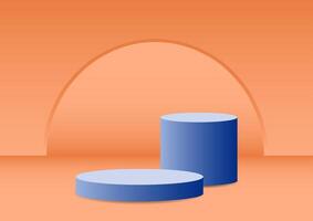 The blue cylinder pedestal podium display with an orange empty room background for the award ceremony. Products display and showcase presentation. vector