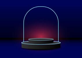 The black cylinder pedestal podium display with a dark blue empty room background for the award ceremony. Products display and showcase presentation. vector