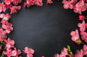 Delicate pink flowers arranged on a chalkboard for a creative and vibrant presentation background photo
