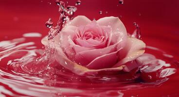 A pink rose floats gracefully in vibrant red water, creating a serene and delicate ambiance photo