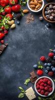 A colorful arrangement of fresh berries, nuts, and chocolate on a textured dark surface photo