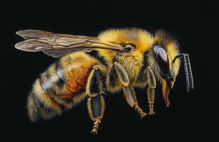 Detailed close-up of a vibrant yellow bee on a black background in natural light photo