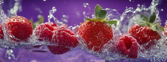 Juicy strawberries and raspberries splashing into water against a vibrant purple backdrop photo