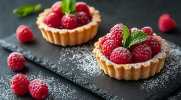 Delicious raspberry tarts with fresh mint displayed on a dark slate board photo