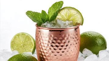 Refreshing mint cocktail served with lime in a copper cup on crushed ice during summer photo