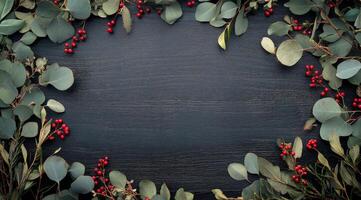 Green eucalyptus leaves and red berries arranged on a dark wooden surface for decoration photo