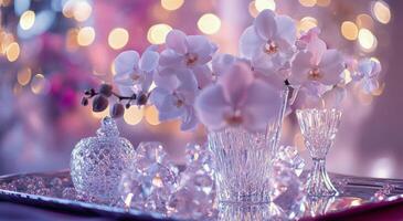 Elegant display of white orchids in crystal vases on a decorative tray with sparkling accents photo
