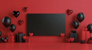 Festive black and red display with heart-shaped balloons and decorative gifts for a special occasion photo