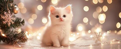 Adorable fluffy white kitten sitting near a festive Christmas tree with twinkling lights photo