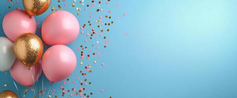 Colorful balloons and confetti filling the air at a festive celebration with a blue background photo