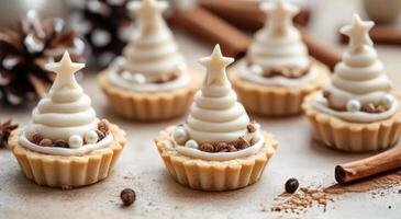 Festive holiday dessert featuring intricately decorated tree-shaped tarts on a winter table photo