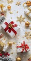 Festive holiday gifts arranged on a cheerful, sparkling background with ornaments and decorations photo
