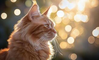 A majestic orange cat sitting gracefully in soft, illuminated surroundings during evening hours photo