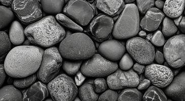 A collection of smooth black stones arranged on a flat surface with varied shapes and sizes photo