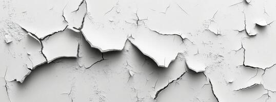 Detailed view of peeling white paint on a wall revealing cracks and textures photo
