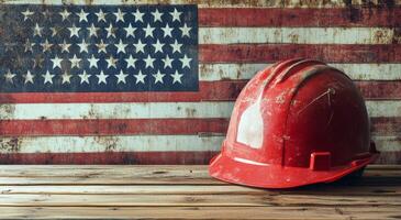 Red hard hat resting on a wooden table in front of an American flag backdrop indoors photo