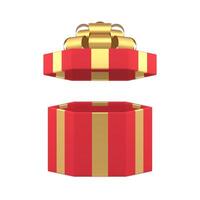 Red luxury open hexagonal festive gift box with golden bow ribbon 3d icon realistic vector